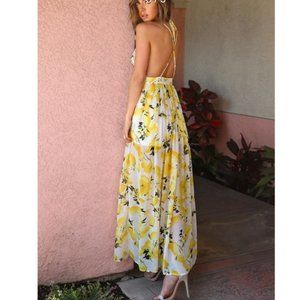 🍋Lemon Print Chiffon Maxi Dress IVORY size S 🍋